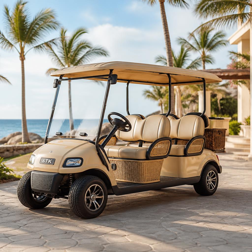 Warm beige open-air resort golf cart with wicker accents