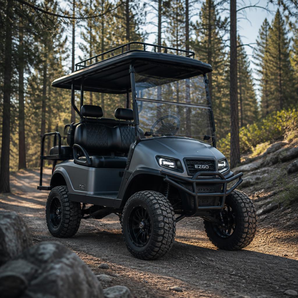 Hunter grey lifted off-road golf cart with brush guard and roof rack