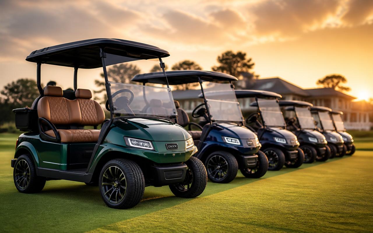 Vantage Elite lineup of premium luxury electric golf carts on a manicured course at golden hour
